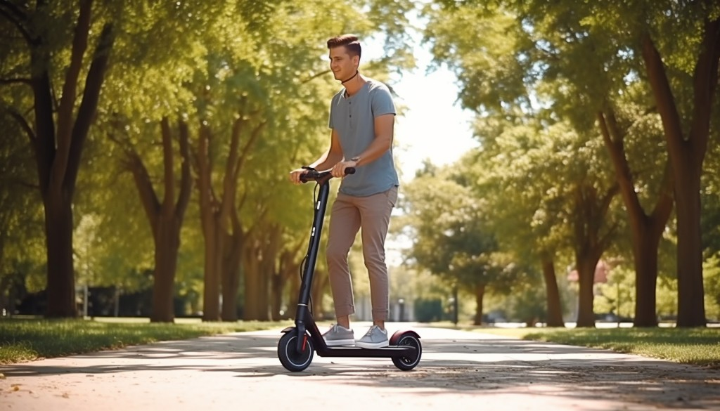 A beginner learning how to ride an electric scooter in a public park - Austin, USA