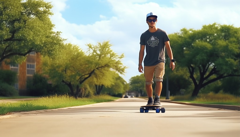 A beginner learning to ride an electric skateboard in a park - Austin, Texas