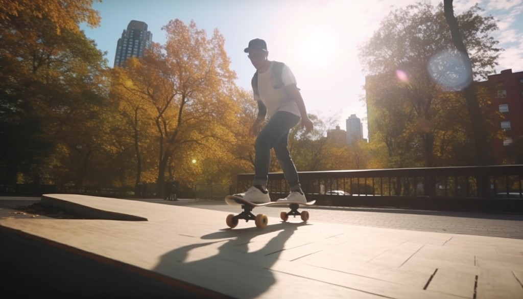 A beginner learning to ride an electric skateboard in the park - New York, USA