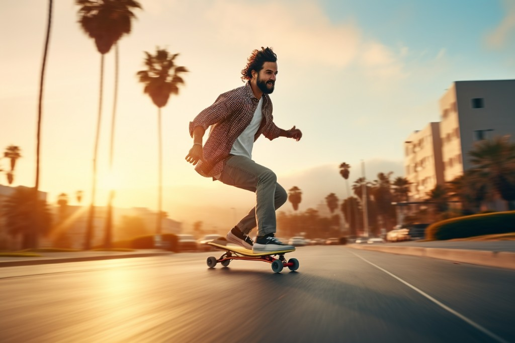 A beginner skater learning to ride his electric skateboard - Los Angeles, USA