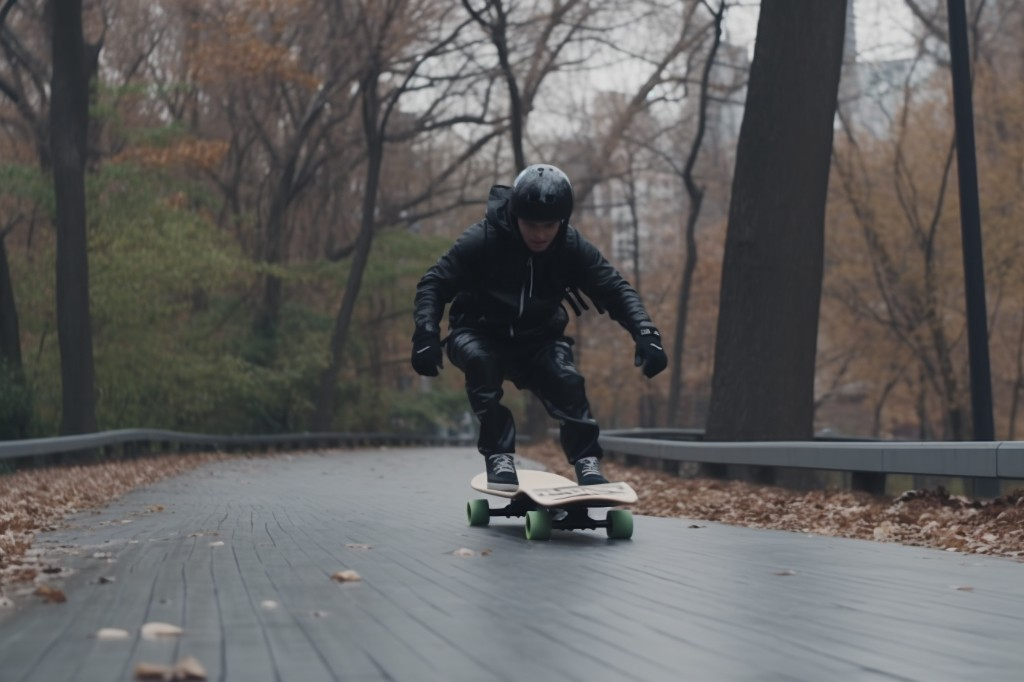 A beginner trying out electric skateboarding in a park - New York, USA