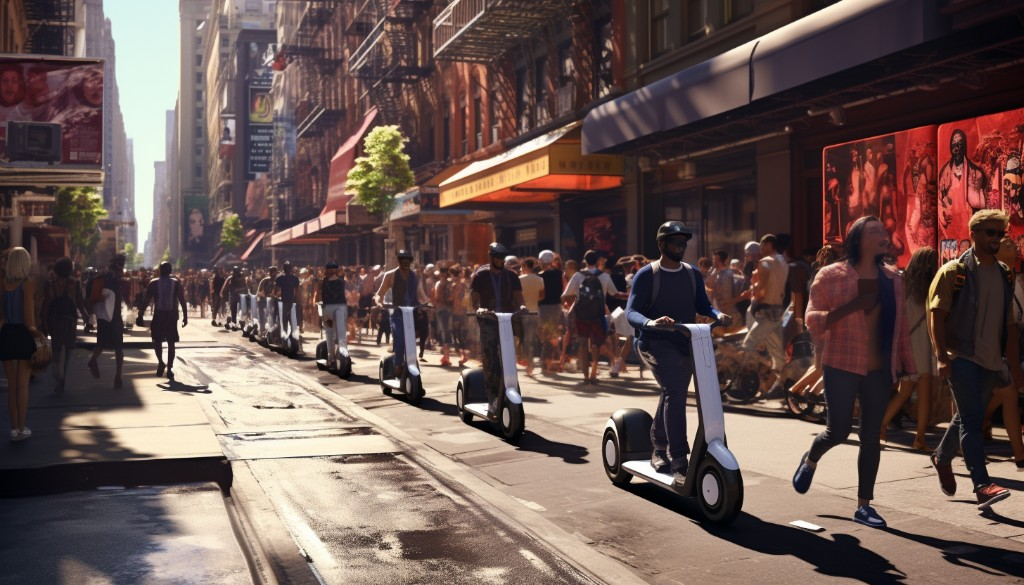 A bustling city street filled with people riding electric scooters - New York, USA