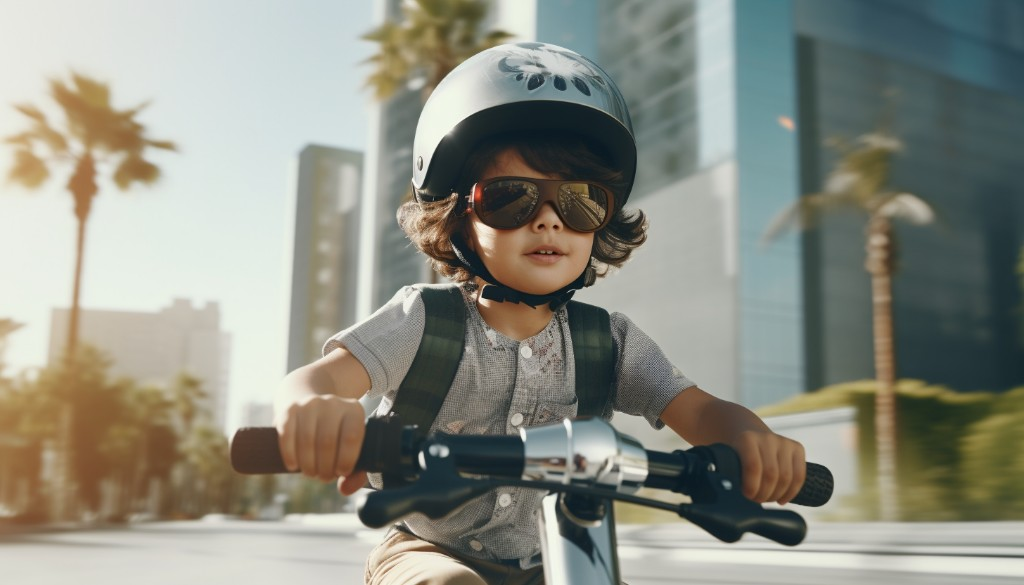 A child wearing a helmet while riding an electric scooter - Los Angeles, USA