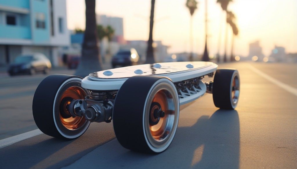 A close-up of an electric skateboard's components - Venice Beach, California