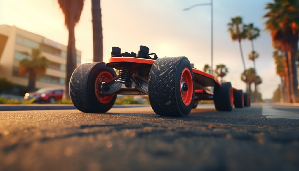 A close-up shot of an electric skateboard's deck, wheels and truck - Los Angeles, USA