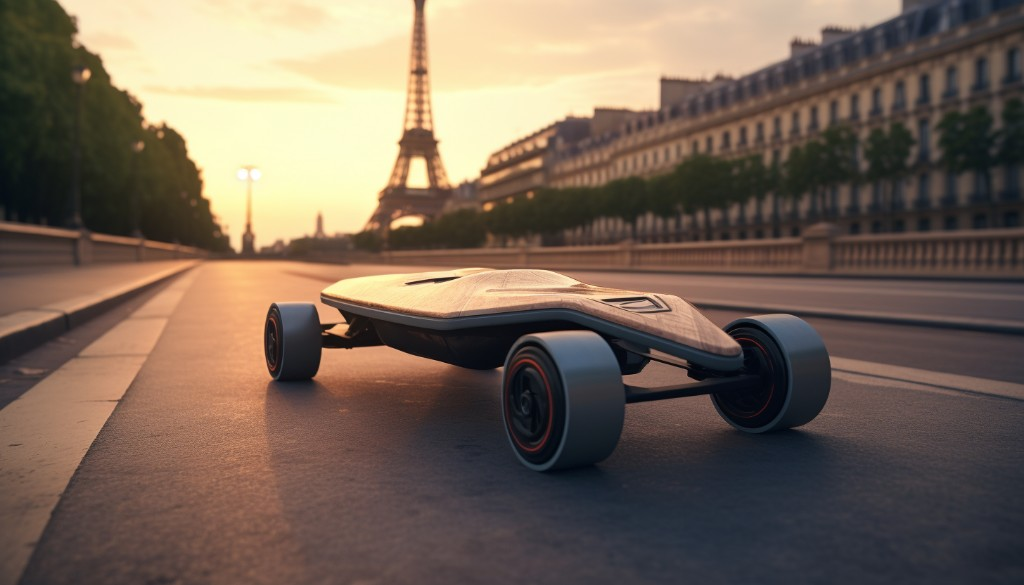 A completed electric skateboard ready for testing - Paris, France