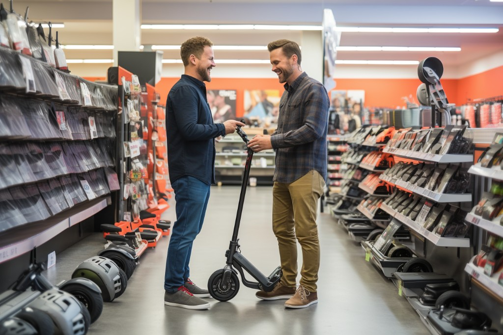 A couple comparing different models of kick and electric scooters in a store - Toronto, Canada