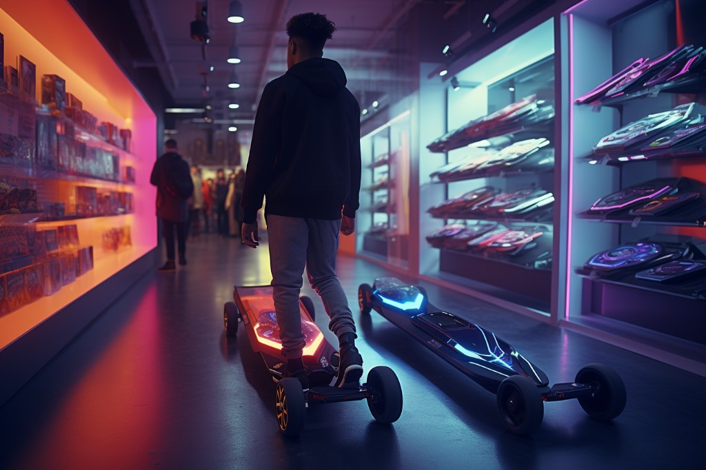 A customer looking at electric skateboards in a physical store - London, England