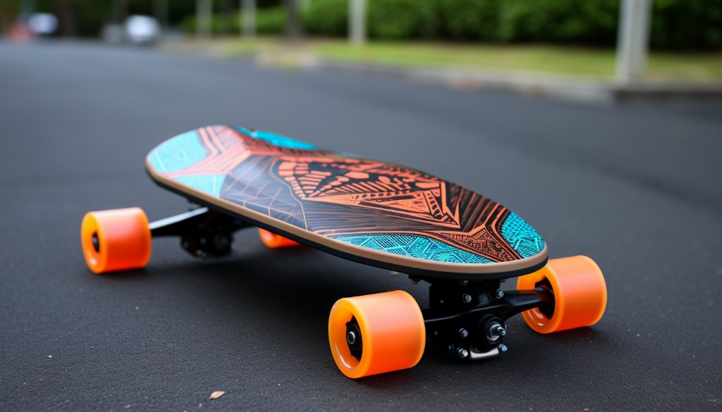 A customized DIY electric skateboard with personalized deck design and upgraded wheels - San Diego, USA