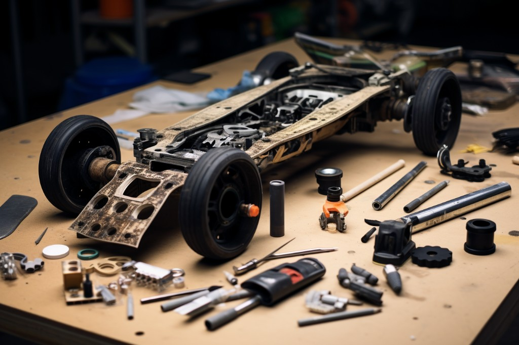 A disassembled bike and skateboard deck prepared for the build - Berlin, Germany