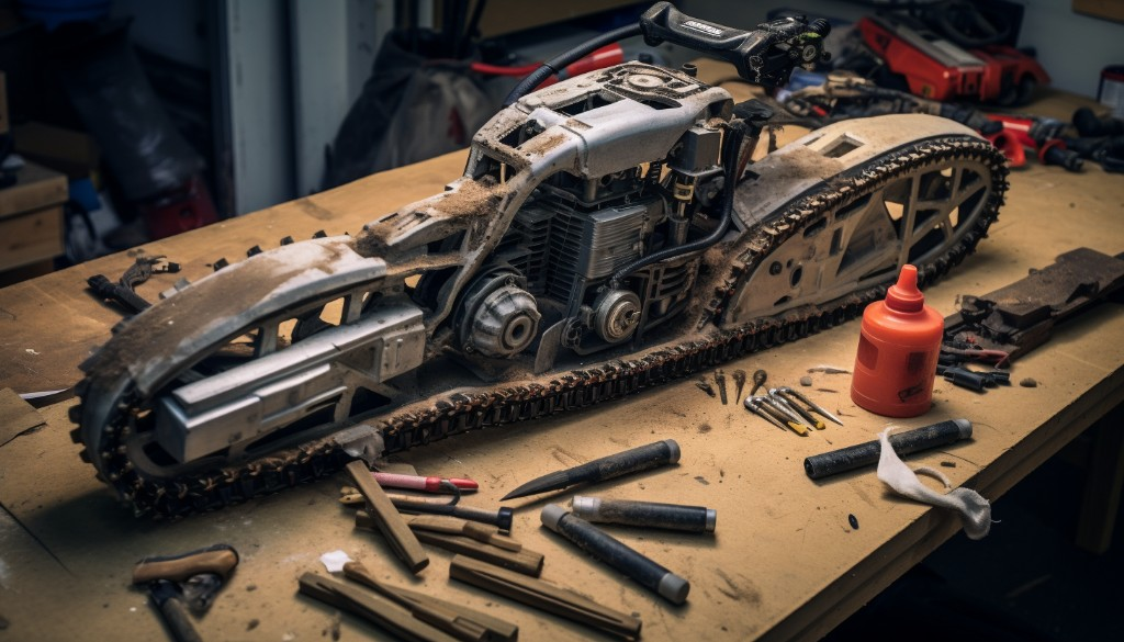 A disassembled chainsaw and clean skateboard deck ready for assembly - London, UK