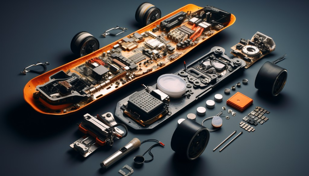 A disassembled electric skateboard showing all its components - London, England
