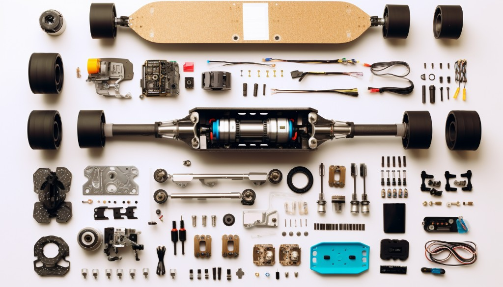 A DIY electric skateboard kit with all the components laid out - Toronto, Canada