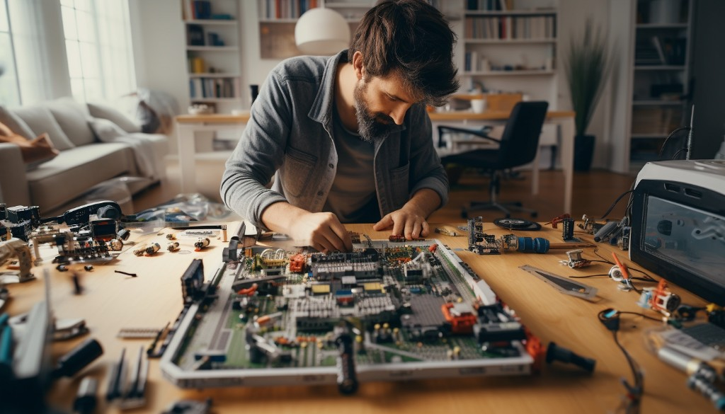 A DIY enthusiast assembling an electric skateboard at home - New York, USA