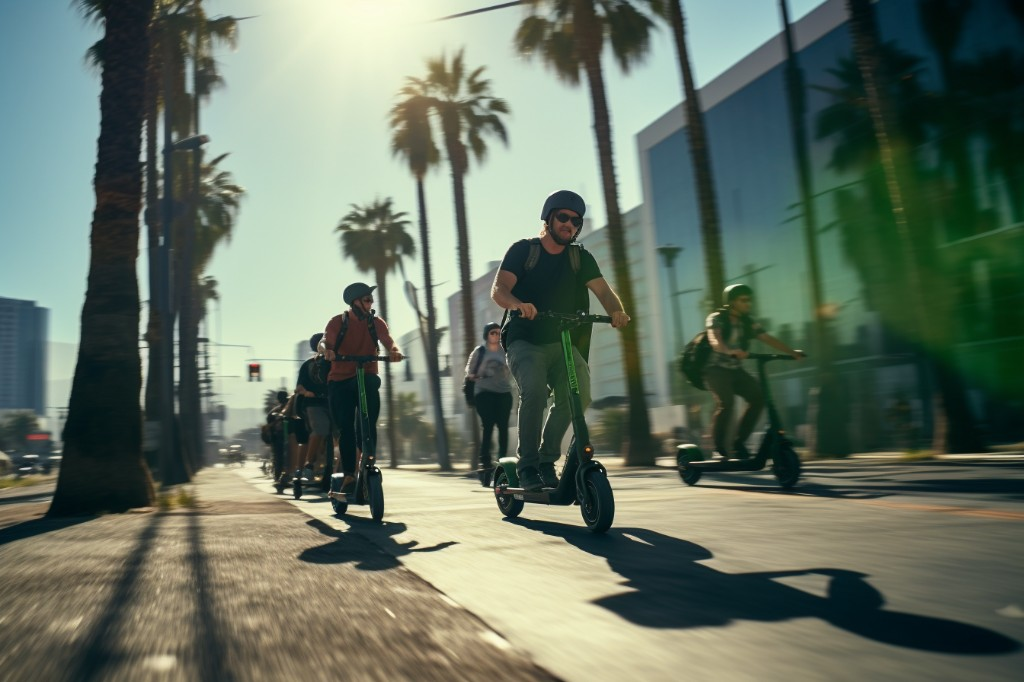 A group of electric scooter riders adhering to local laws in downtown Los Angeles - Los Angeles, USA