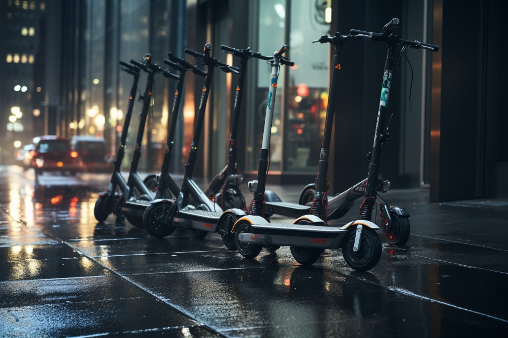 A group of electric scooters parked on a sidewalk - New York, USA