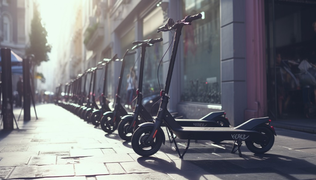 A group of electric scooters parked on a sidewalk - San Francisco, USA