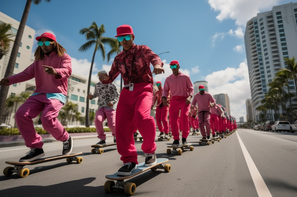 A group of electric skateboarders adhering to traffic rules in a city setting - Miami, U.S.A