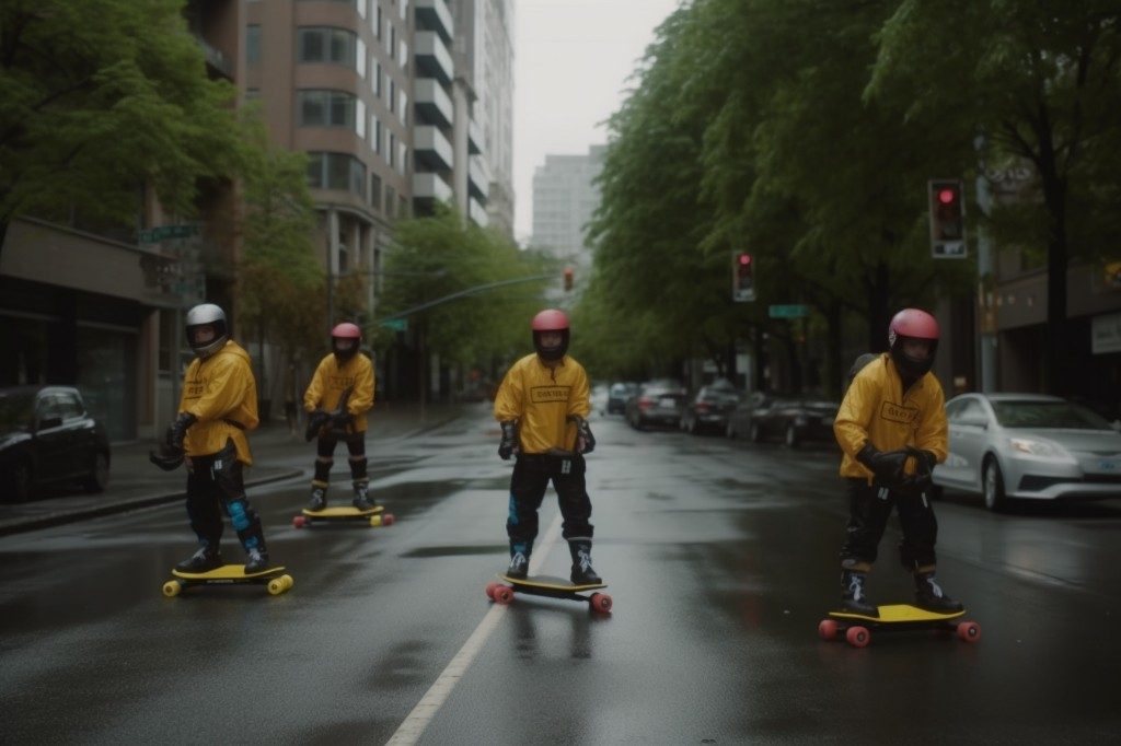 A group of electric skateboarders obeying traffic rules - Seattle, USA