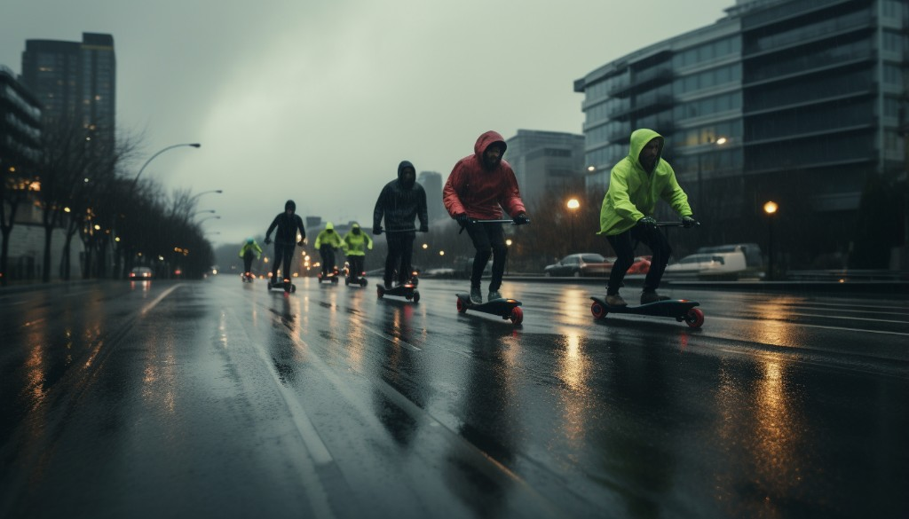 A group of people electric skateboarding in different weather conditions - Seattle, USA
