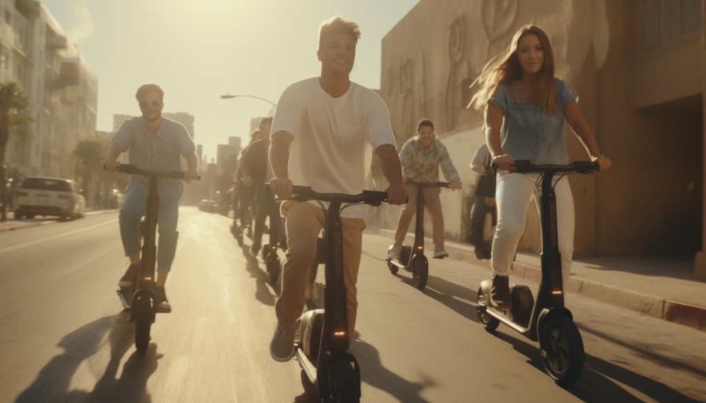 A group of young people riding electric scooters without helmets - Los Angeles, USA