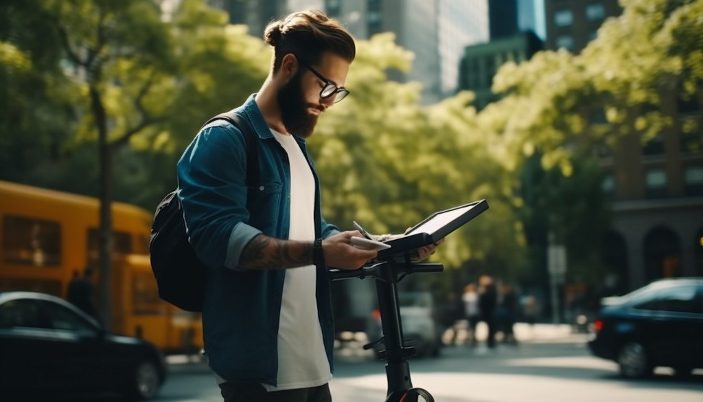 A man checking the user manual for the weight limit of his new electric scooter - New York, USA
