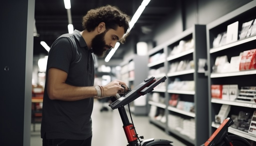 A man examining the battery of an electric scooter in a tech store - New York, USA