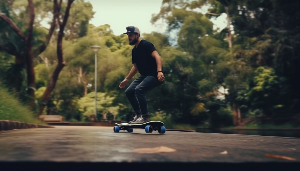 A man riding an all-terrain electric skateboard in a park - Sydney, Australia