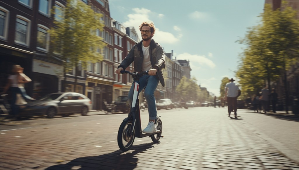 A man riding an electric scooter on a city bike lane - Amsterdam, Netherlands