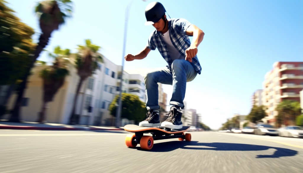 A man showing safe riding techniques on an electric skateboard - Los Angeles, USA