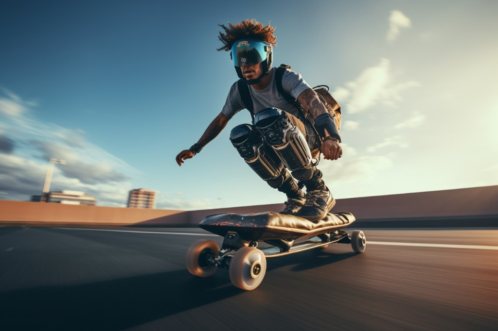 A man wearing safety gear while riding an electric skateboard - Austin, Texas