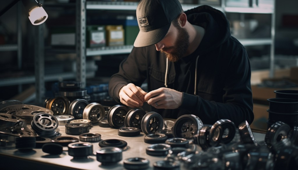A mechanic inspecting skateboard bearings - Berlin, Germany