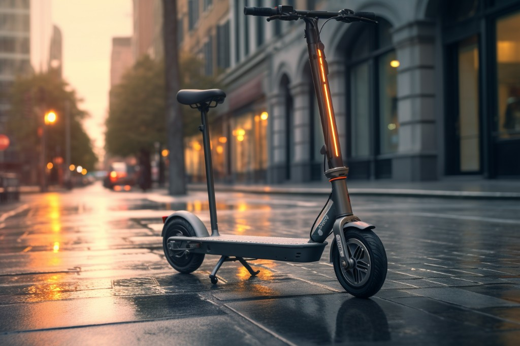 A modern electric scooter with advanced safety features parked on a New York street - New York, USA
