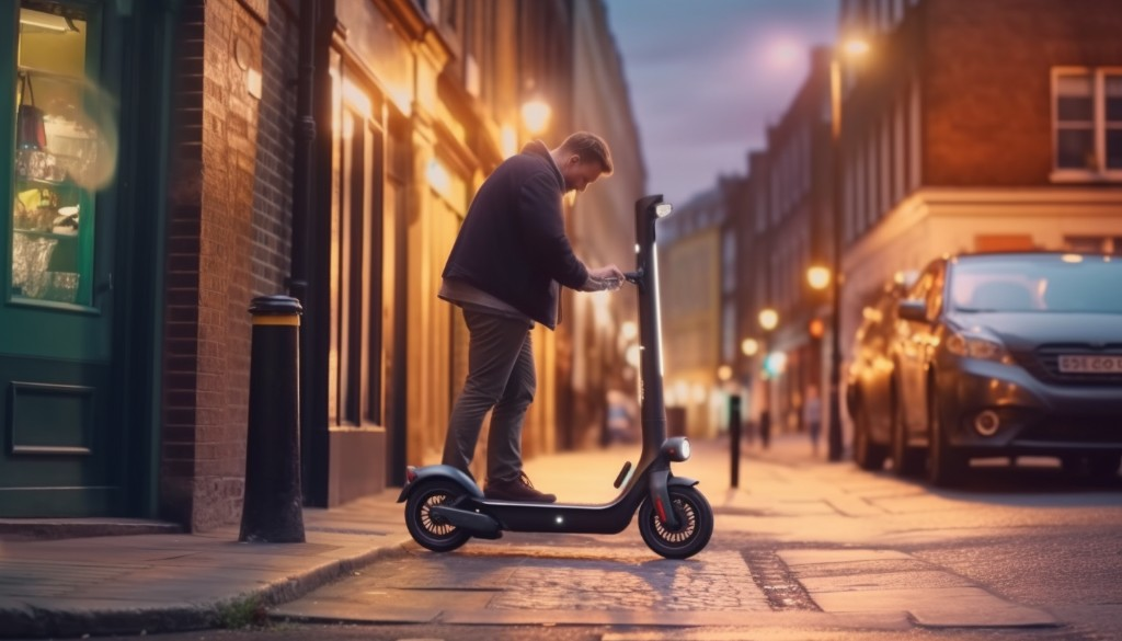 A person checking the tire pressure of an electric scooter - London, England