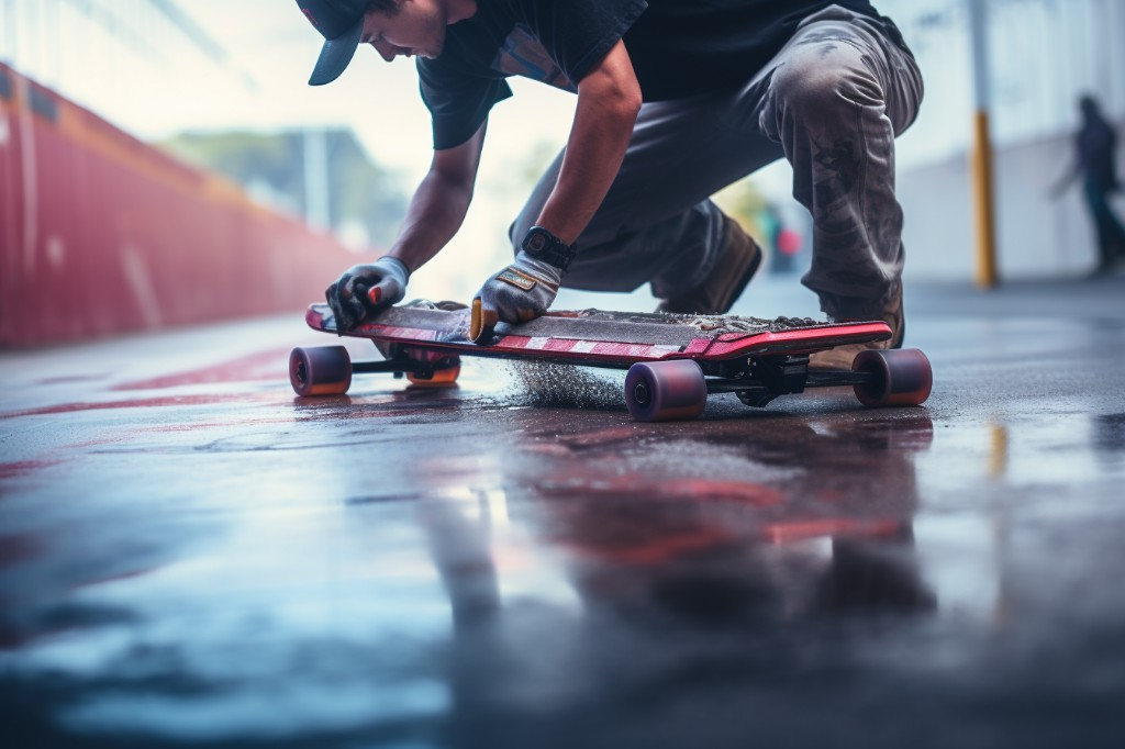 A person cleaning the electric skateboard grip tape using a brush - Los Angeles, USA