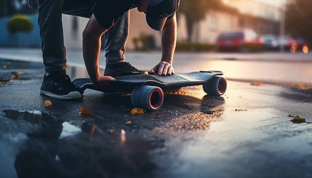 A person cleaning their electric skateboard with a microfiber cloth - Los Angeles, USA