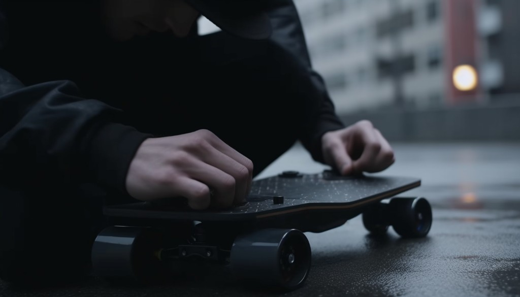 A person examining the drive belt of their electric skateboard - London, England