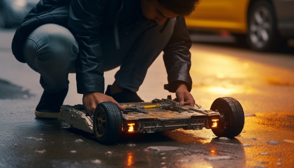 A person inspecting an electric skateboard battery for safety - Toronto, Canada