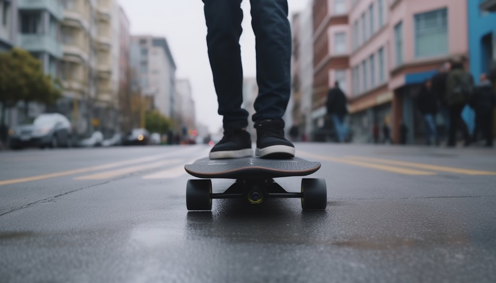 A person inspecting their electric skateboard - San Francisco, USA