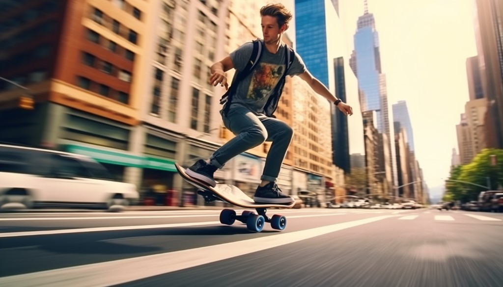 A person riding a fast electric skateboard on an urban road - New York, USA
