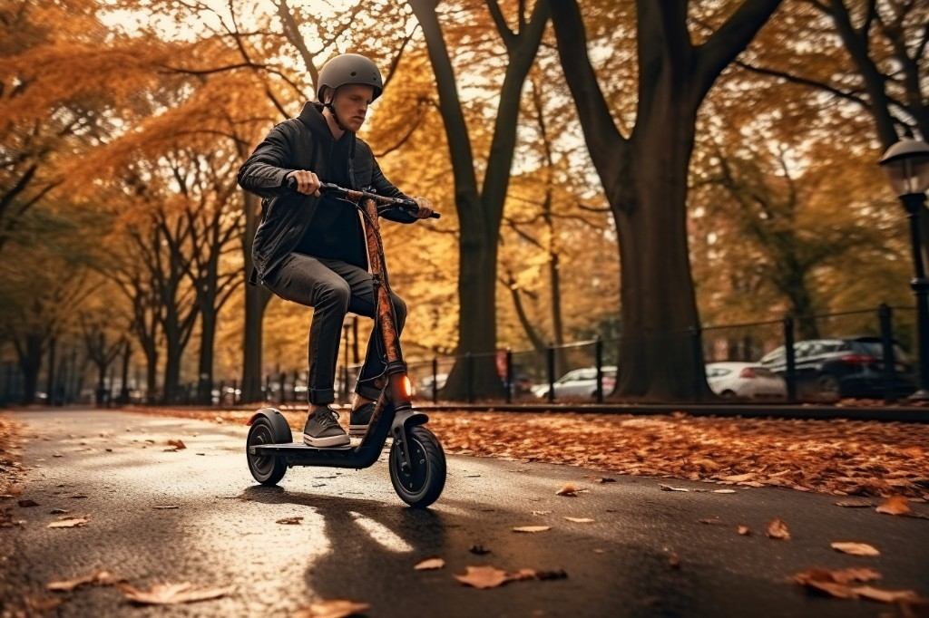 A person riding an electric scooter in a park - New York, USA