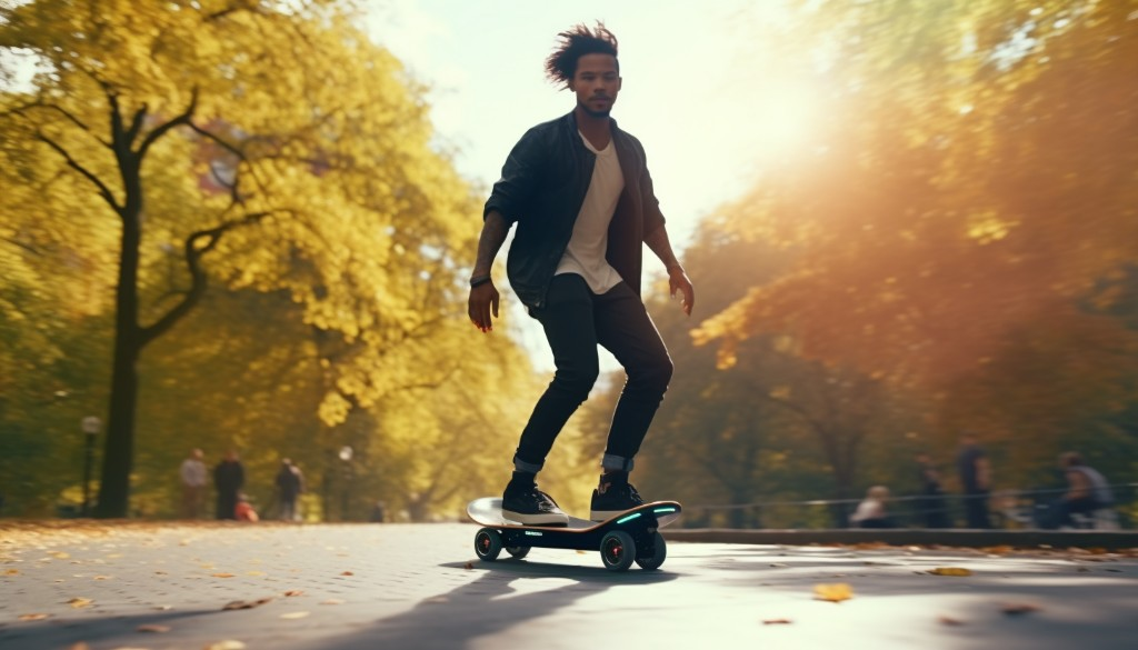 A person riding an electric skateboard in a park - New York, USA