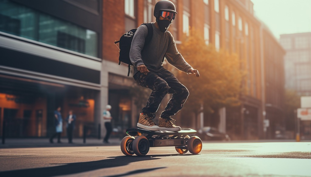 A person wearing safety gear while riding an electric skateboard - London, UK