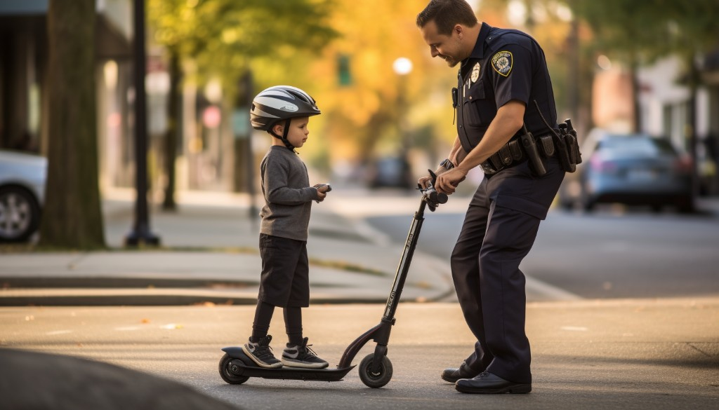 A police officer talking to a child on an electric scooter - Seattle, USA