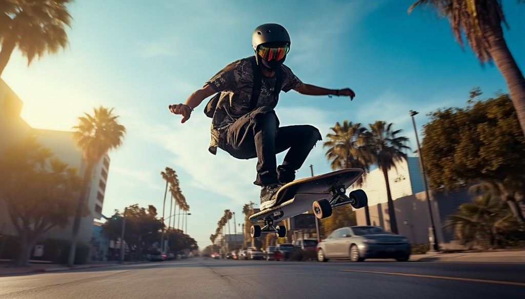 A professional e-skateboarder wearing all essential safety gear while performing a trick - Los Angeles, USA