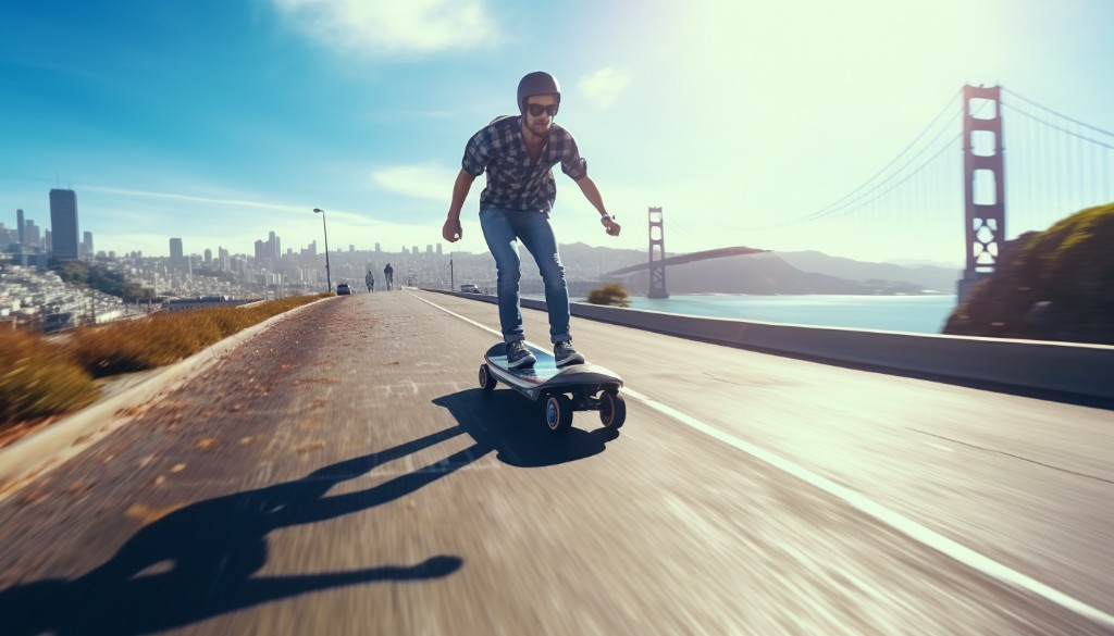 A rider cruising at high speed on an electric skateboard - San Francisco, USA