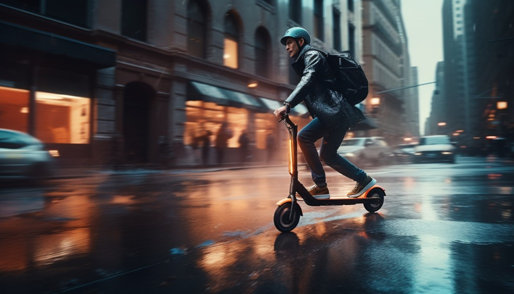 A rider on an e-scooter navigating a wet street - New York City, USA