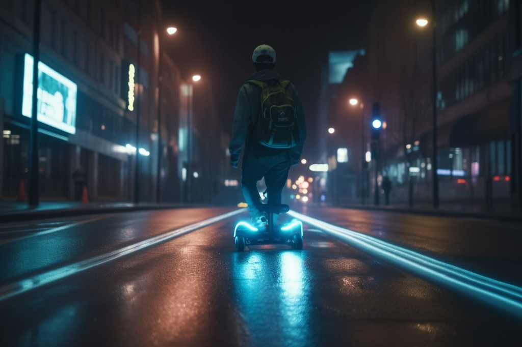 A rider skillfully navigating through city streets on an electric skateboard at night - London, UK