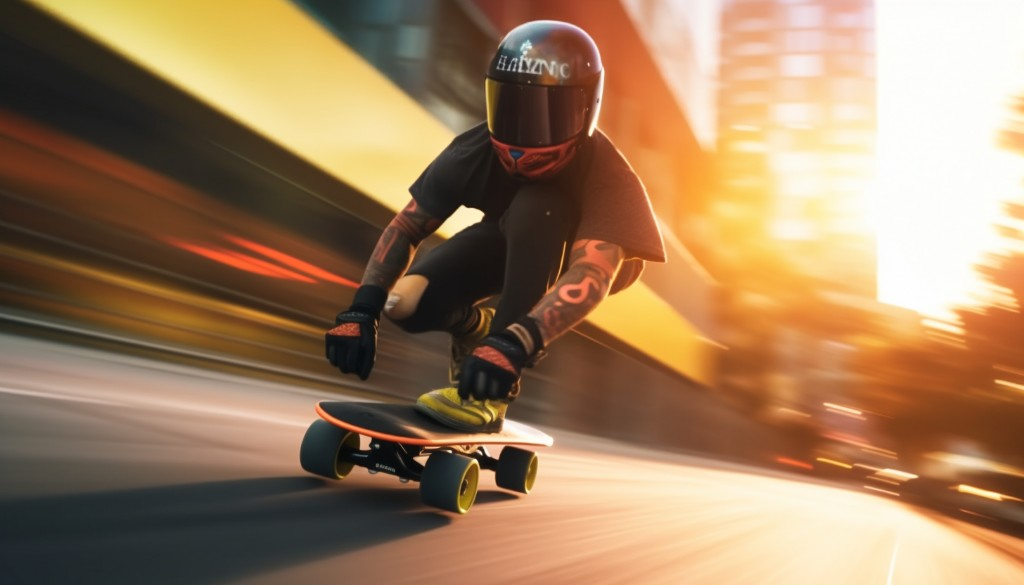 A rider wearing a helmet and knee pads while riding an electric skateboard at high speed - Sydney, Australia