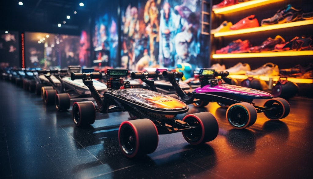 A selection of different types of electric skateboards displayed in a store - New York City, USA